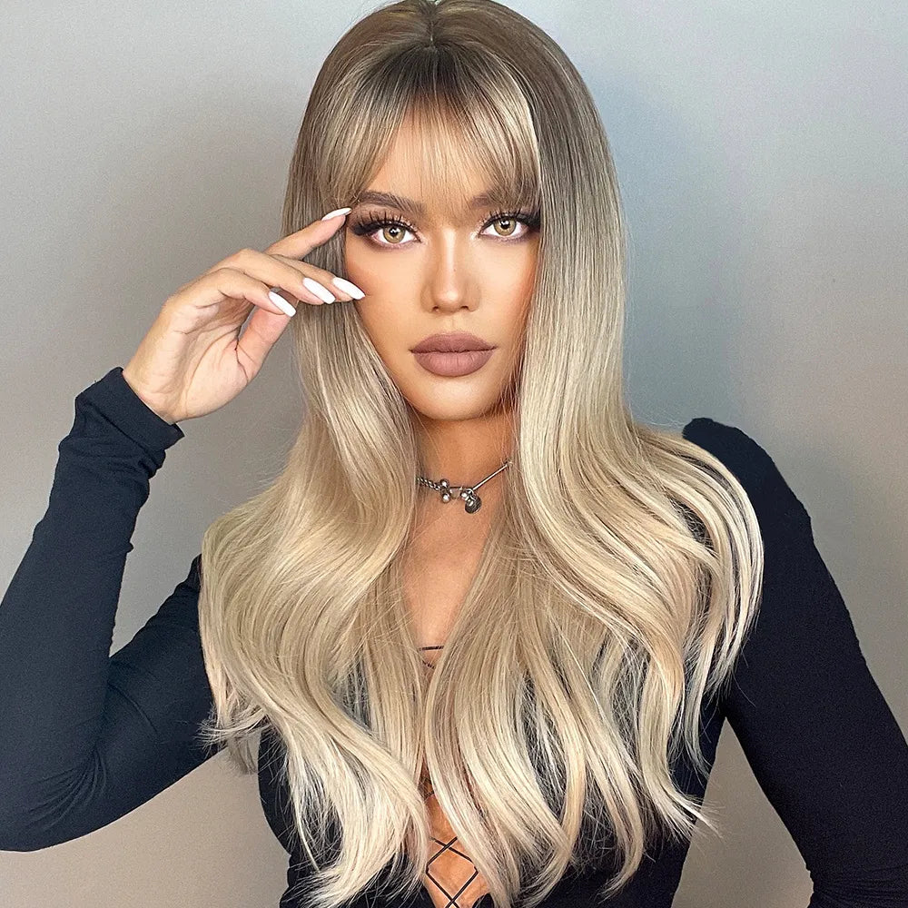 Long Balayage Haircut Synthetic Hair Wavy Wig With Bangs 26 Inches