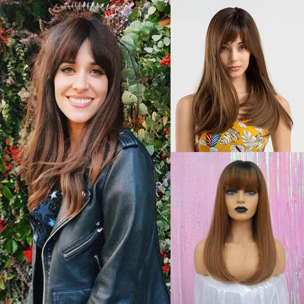 Long Straight Synthetic Hair With Bangs Women Wigs 20 Inches