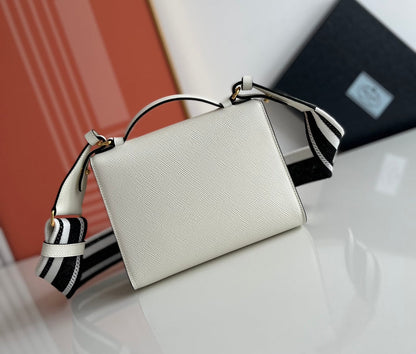 Prada Monochrome Saffiano 21 Leather Bag in White 21x14x6.5cm