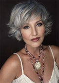 Women's Grey Bob Hairstyles Wavy Human Hair Wigs With Bangs Capless Wigs 8Inch